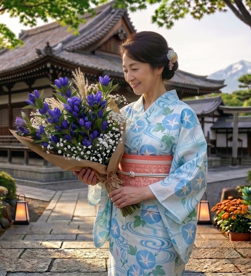 朝顔柄の浴衣と、りんどうの花束｜夏のご挨拶・お盆の贈りもの｜花の八幡屋