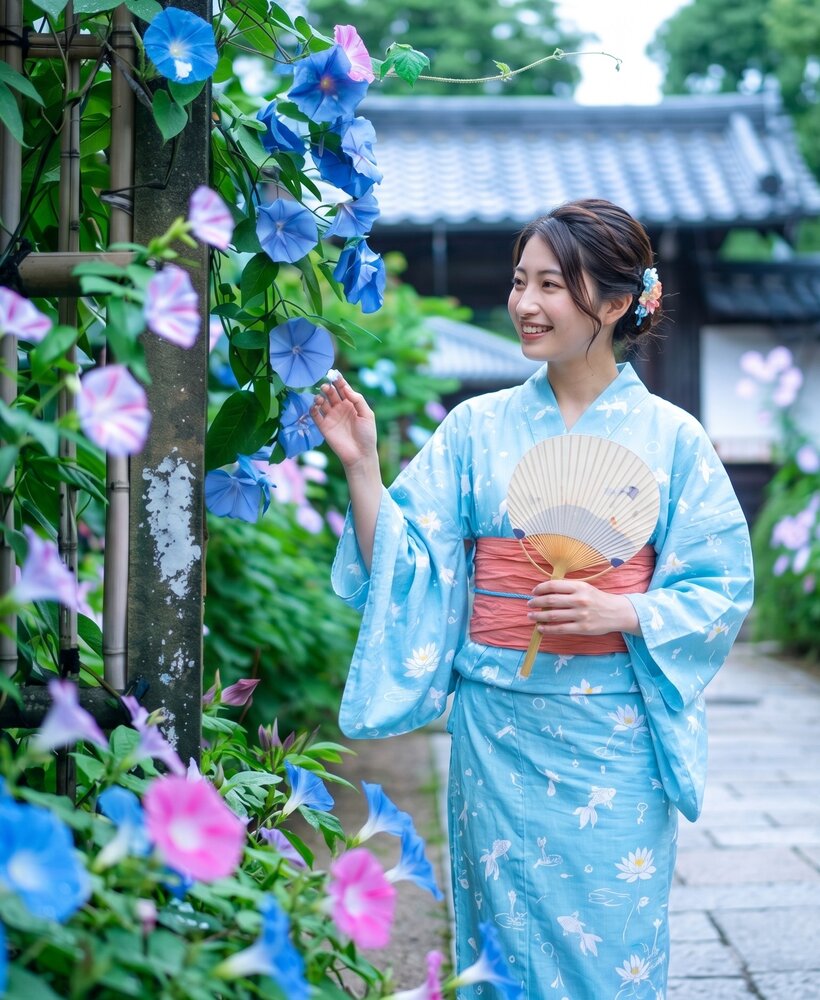 朝顔の垣根と浴衣姿の女性｜日本の夏の情景｜花の八幡屋