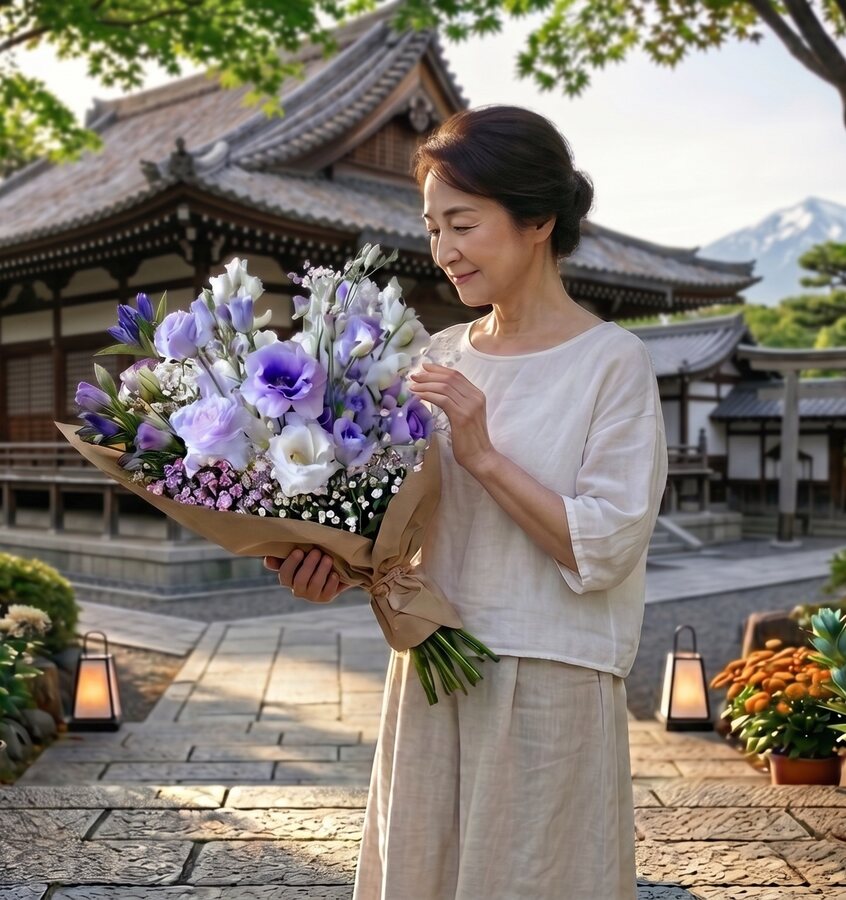 お盆のお墓参り｜トルコキキョウとりんどうの供花｜花の八幡屋
