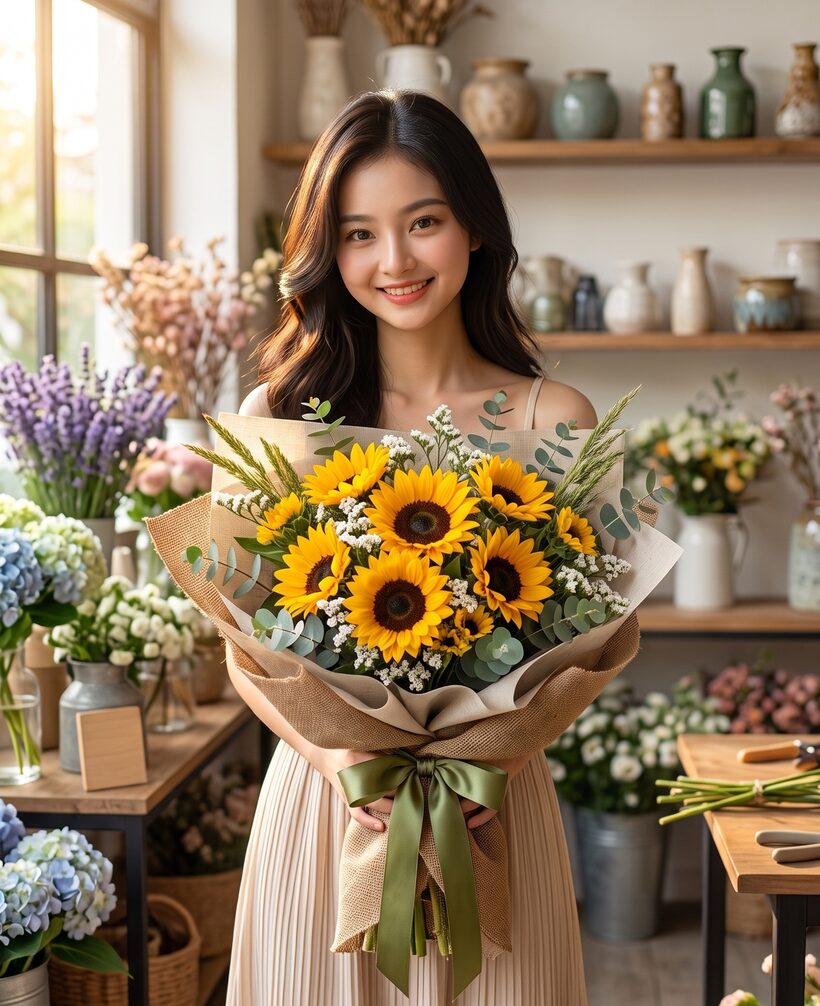 ひまわりの花束を手にする女性｜花の八幡屋